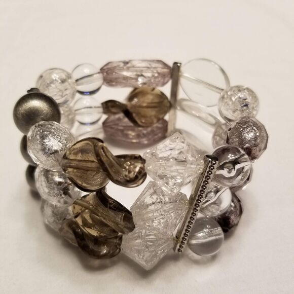 Vintage Chunky Lucite Beaded Statement Bracelet Clear Silver Smoky Y2K Boho Glam - Picture 3 of 7